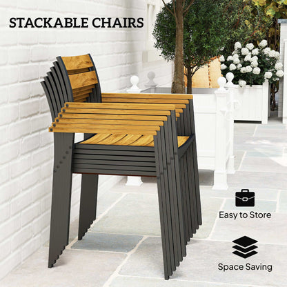 7 Piece Garden Dining Set, Fir Wood Garden Furniture Set with Rectangle Table and 6 Stackable Chairs, Umbrella Hole, Slatted Top - Brown