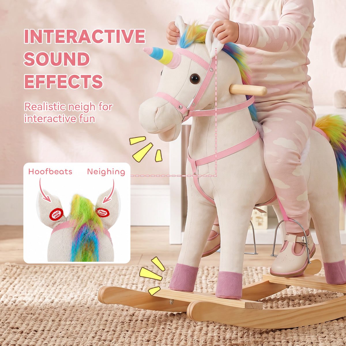 Kids Rocking Horse Unicorn with Sound Button | Wide Anti-Tip Base & Rocking Stoppers | Head Handles | Fixed Wood Footrests | Faux Linen & PP Cotton | 25kg Max | 71x30x68cm | Ages 12–36 Months | Cream