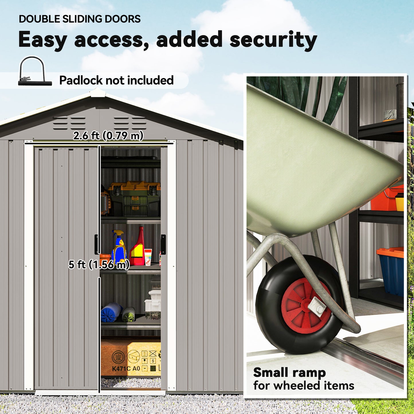 Galvanised Steel Garden Storage Shed | Double Sliding Lockable Door | 4 Vents | Sloped Roof | Steel Tile Roof & Walls | 194x107x191cm | 1.8m² | Light Grey