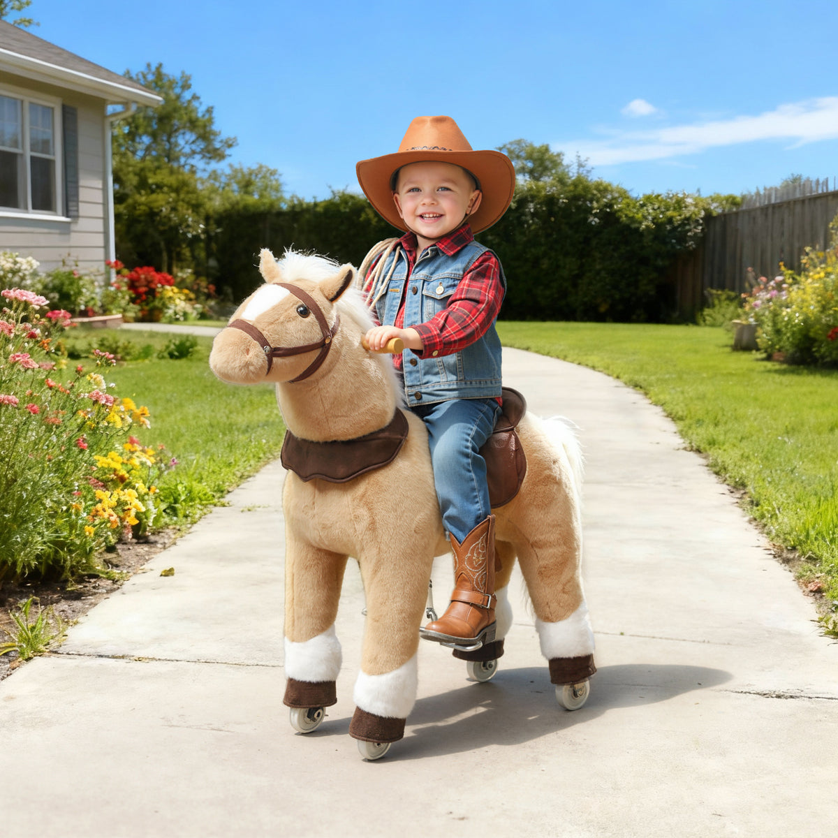 Plush Rocking Horse Ride On Pony | Rolling Wheels | Soft Saddle | No Batteries | Ages 3–5 | 25kg | Brown