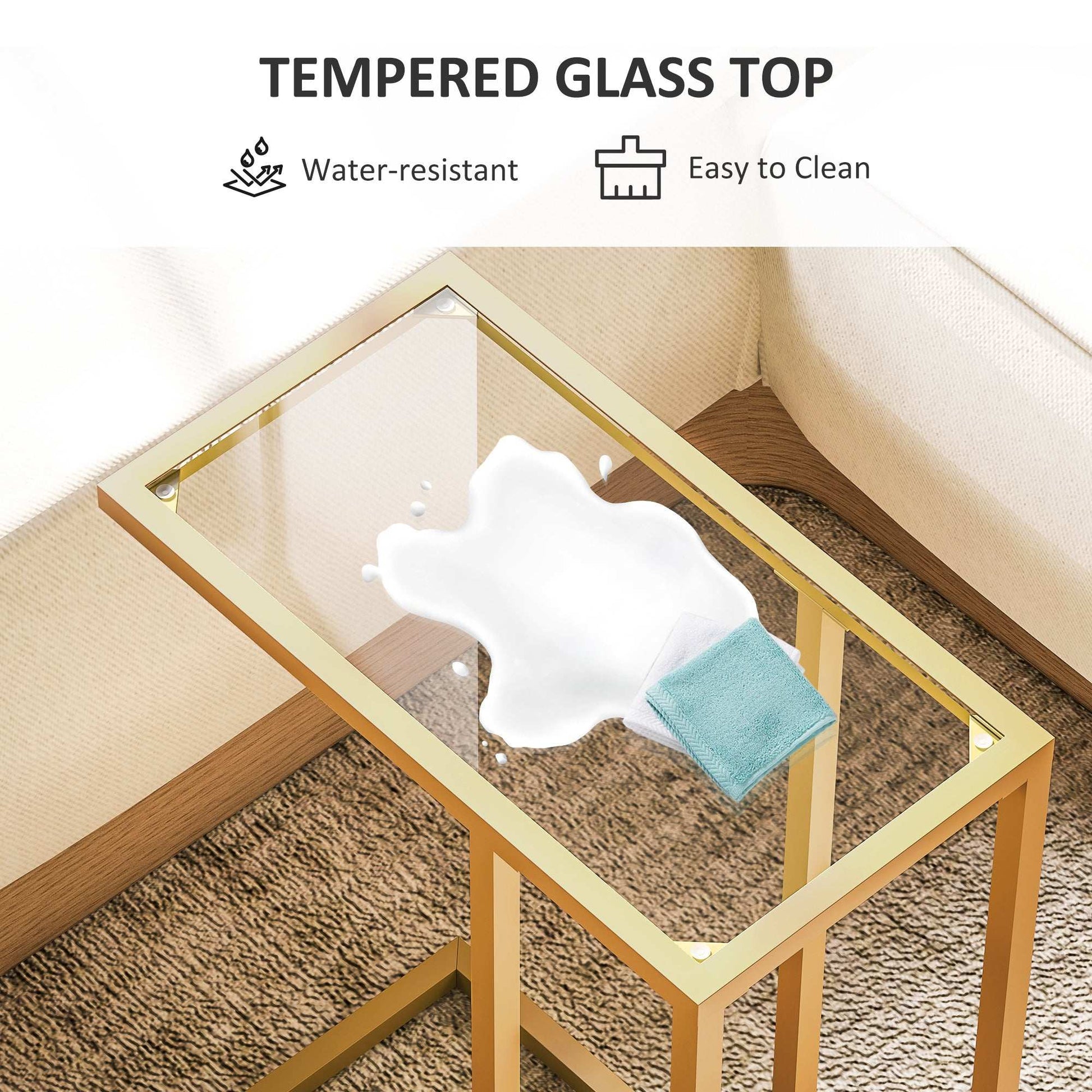 C-Shaped Bedside Table, Modern Side Table with Tempered Glass Tabletop, Steel Frame for Small Space, Living Room, Bedroom, Gold Tone