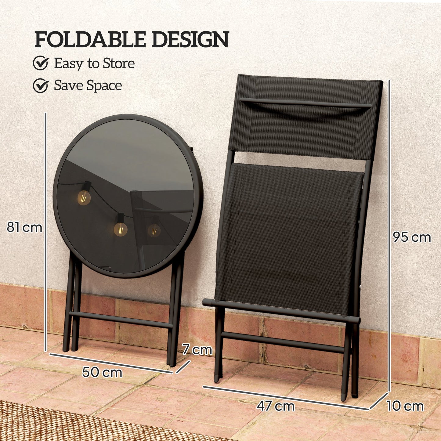3 Piece Folding Outdoor Bistro Set | 2 Mesh Chairs | Tempered Glass Table Dia 50cm | Powder Coated Metal | No Assembly | 120kg | Black