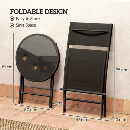 3 Piece Folding Outdoor Bistro Set | 2 Mesh Chairs | Tempered Glass Table Dia 50cm | Powder Coated Metal | No Assembly | 120kg | Black