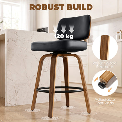 Bar Stools Set of 2 | 360° Swivel | 66cm Seat Height | 7.5cm Padded PU Seat | Curved Backrest | Steel Footrest | Poplar Wood Frame | Fire-Retardant Foam | 44x49x95cm | 120kg | Fits 89–99cm Bar Tables | Black