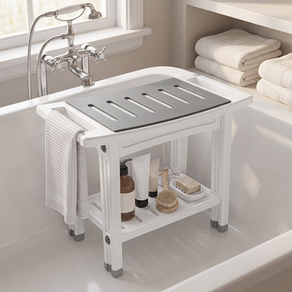 2-Tier Shower Bench & Stool | HDPE | EVA Seat Pad | Built-In Shelf & Shower Holder | 120kg | 55.5x31.5x46.5cm | White & Grey