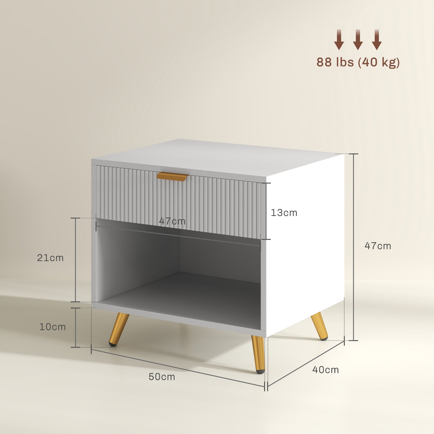 Set of 2 Bedside Tables | Ribbed Drawer | Gold Legs & Handle | Open Shelf | White | 50x47cm