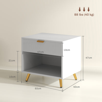 Set of 2 Bedside Tables | Ribbed Drawer | Gold Legs & Handle | Open Shelf | White | 50x47cm