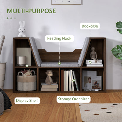 Bookcase Storage Shelf with Cushioned Reading Seat, Cube Bookshelf Organizer for Bedroom Living Room, Chestnut