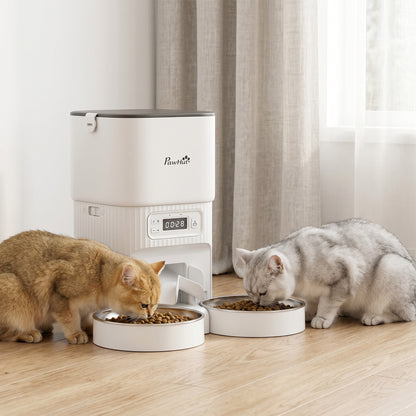 Automatic Pet Feeder | Dual Bowl | LCD Screen & Button Control | Anti-Jam | Airtight Lid | 4L / 16 Cup Tank | Dual Power | Cats & Dogs up to 15kg | White