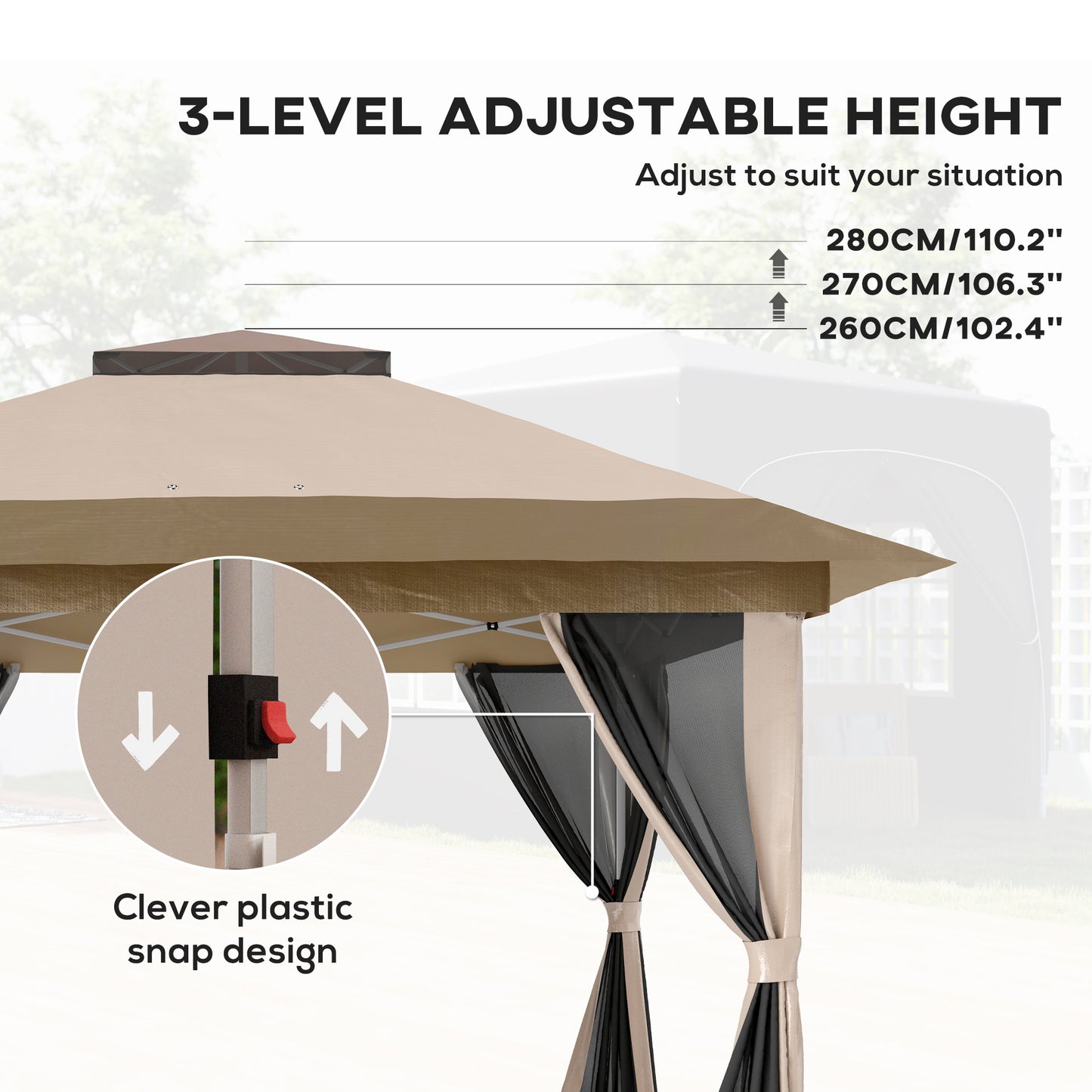 3.6x3.6m Pop-Up Gazebo | UPF50+ Oxford Fabric | Removable Mesh Walls | 3-Height Adjustment 260-280cm | 8 Drainage Holes | 4 Guy Ropes, 12 Ground Stakes & 4 Sandbags | Wheeled Carry Bag | Fits 8-12 People | Beige