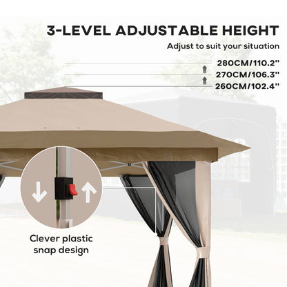 3.6x3.6m Pop-Up Gazebo | UPF50+ Oxford Fabric | Removable Mesh Walls | 3-Height Adjustment 260-280cm | 8 Drainage Holes | 4 Guy Ropes, 12 Ground Stakes & 4 Sandbags | Wheeled Carry Bag | Fits 8-12 People | Beige