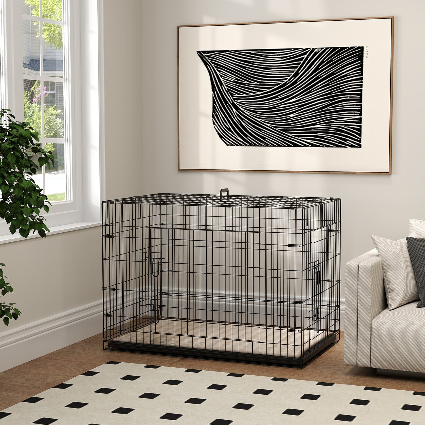 Foldable Dog Crate XL | 2 Doors | Soft Washable Cushion | Removable ABS Tray | Extra Large Dogs up to 40kg | 105 x 70 x 75cm | Black
