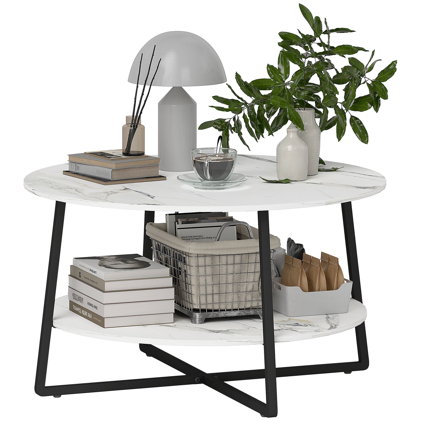 2-Tier Round Coffee Table with Storage Shelf, Living Room Table with Marble Effect Top and Steel Frame, White
