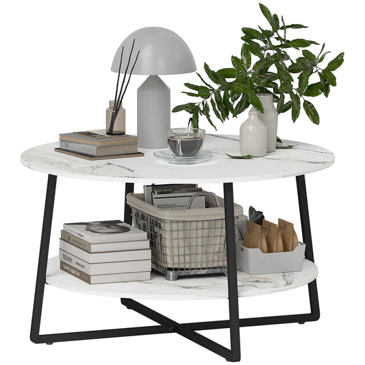 2-Tier Round Coffee Table with Storage Shelf, Living Room Table with Marble Effect Top and Steel Frame, White