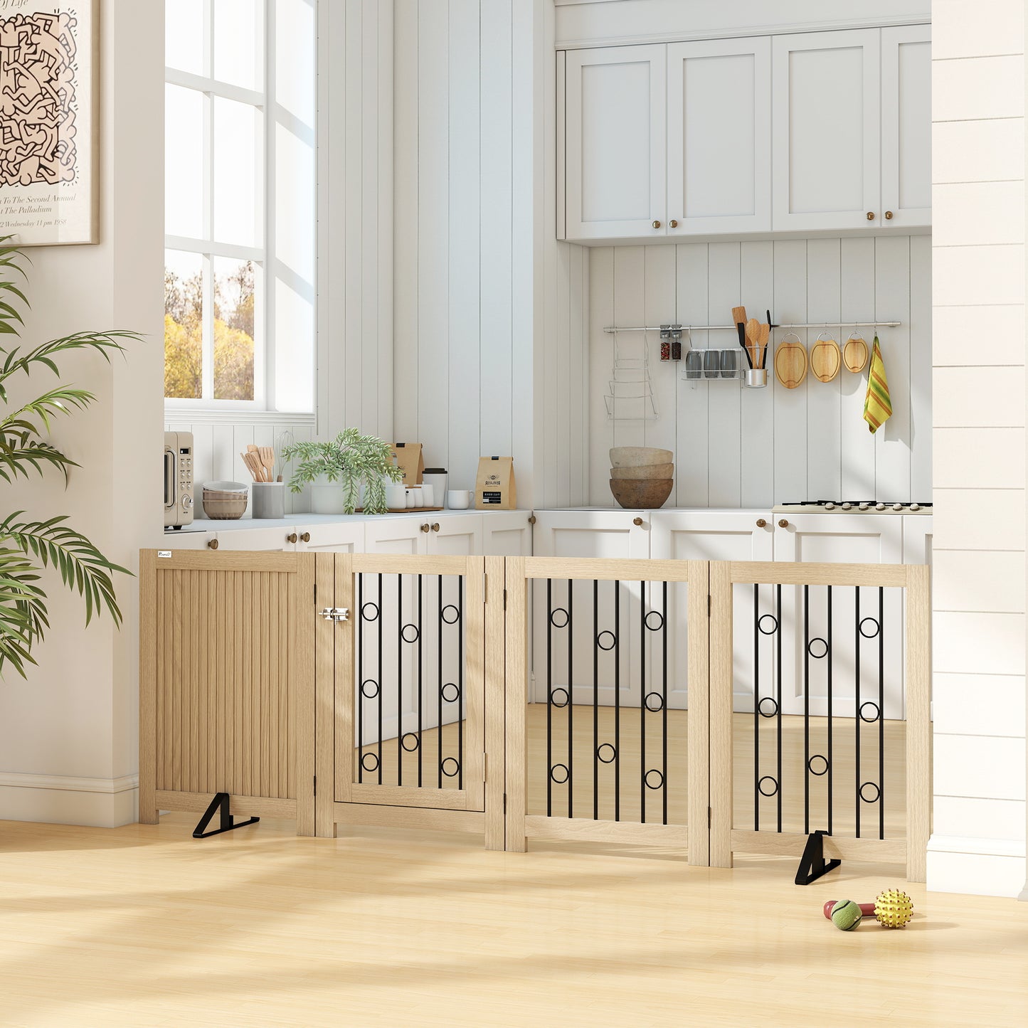 4 Panel Freestanding Pet Gate, Indoor Dog Barrier with Lockable Door, Support Feet, 360° Flexible Hinges, Oak