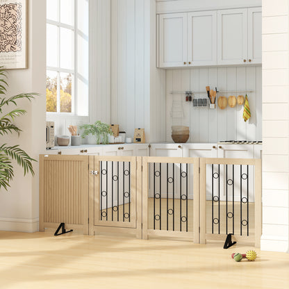 4 Panel Freestanding Pet Gate, Indoor Dog Barrier with Lockable Door, Support Feet, 360° Flexible Hinges, Oak