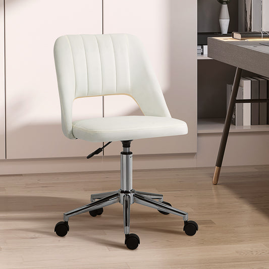 Armless Velvet-Feel Office Chair | Sponge Padded Seat & Back | 360° Swivel | 5 Wheels | Height Adjustable 46-58cm | 120kg | Bedroom Home Office Study | Cream White