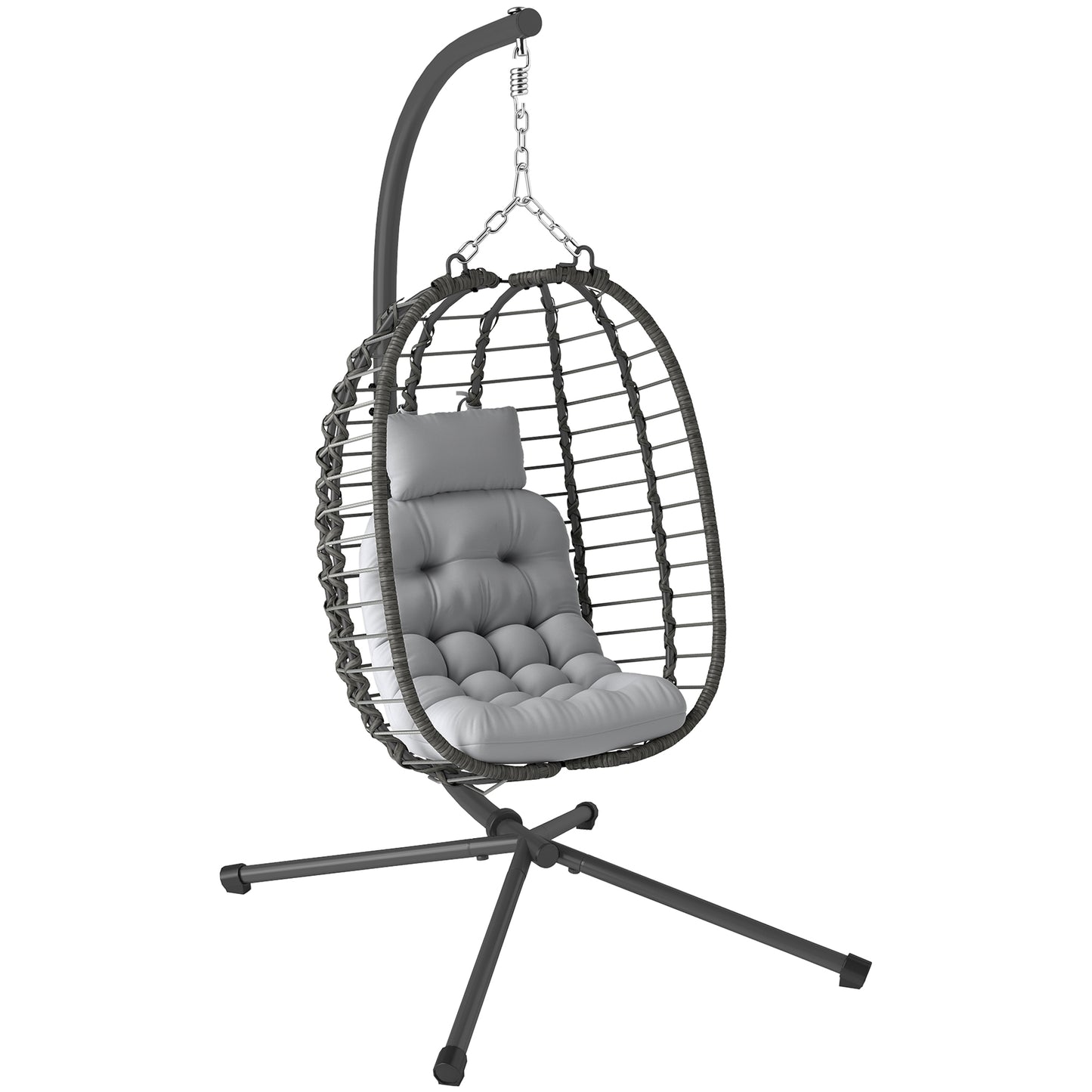 Rattan Hanging Egg Chair, Foldable Wicker Hammock Swing Chair with Cushion, Stand, Adjustable Height, Head Pillow, Steel Frame for Garden