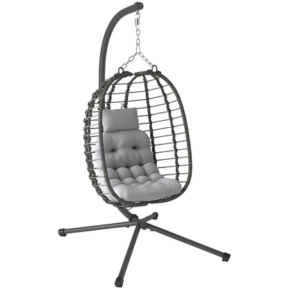 Rattan Hanging Egg Chair, Foldable Wicker Hammock Swing Chair with Cushion, Stand, Adjustable Height, Head Pillow, Steel Frame for Garden