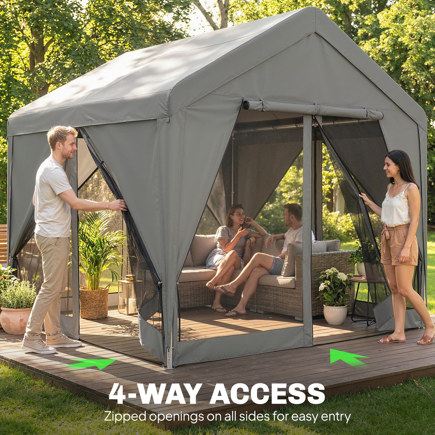 3x3m Garden Gazebo | Dual-Layer Sidewalls | Mesh Netting & Curtains | UV30+ PVC-Coated Apex Roof | 2 Roll-Up Doors & 2 Side Doors | Galvanised Steel Frame | Seats 6-9 | 295x300x278cm | Dark Grey