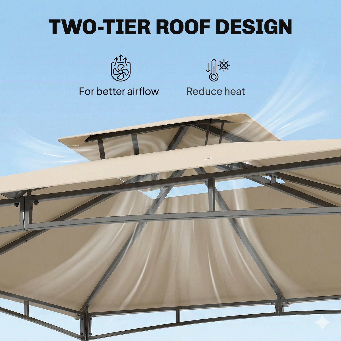 3x3m Garden Gazebo | 2-Tier Roof | UPF50+ | 180g/m² PA Polyester | Fits 6-8 | Khaki