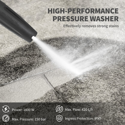 Outsunny 1800W High Pressure Washer, 150 Bar Pressure, 420 L/h Flow, Portable Electric Power Washer Jet Wash Cleaner with Adjustable Nozzle, 6M Hose