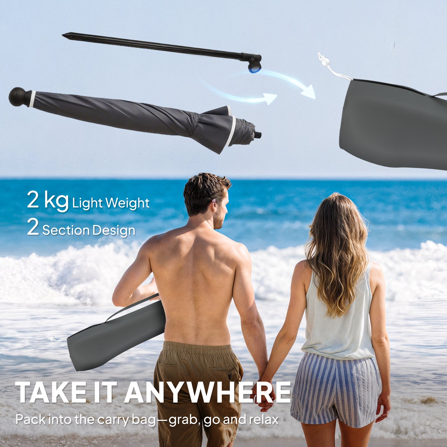 Beach Umbrella Parasol | 1.8m | 30° Tilt | UPF30+ | Adjustable 130-210cm | Sand Anchor | Carry Bag | Dark Grey