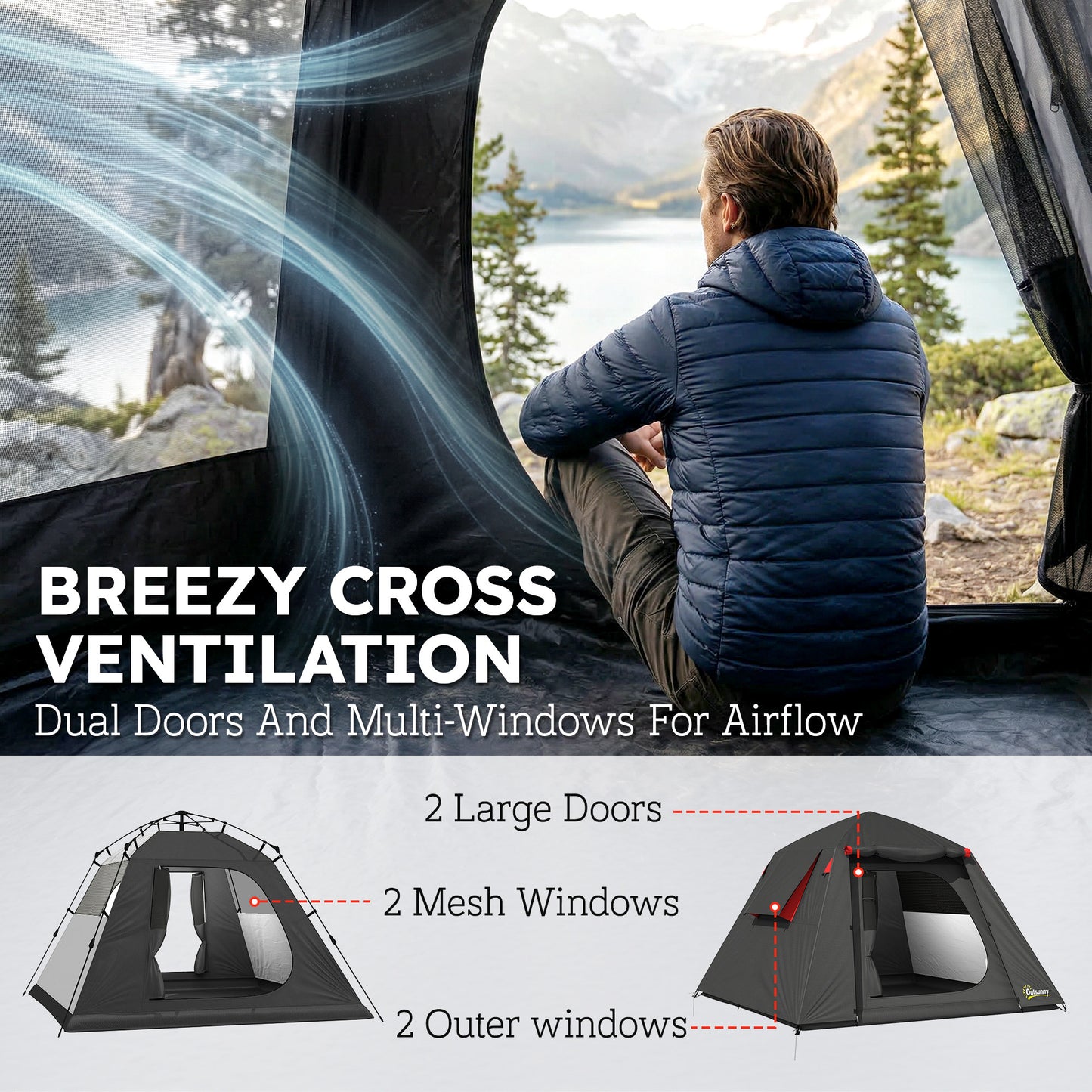 2-Person Camping Tent | 3000mm Waterproof | 2 Large Doors | 2 Windows | Internal Pocket & Lantern Hook | Folds to 80 x 18 x 18cm | 210 x 210 x 150cm | Dark Grey & Red