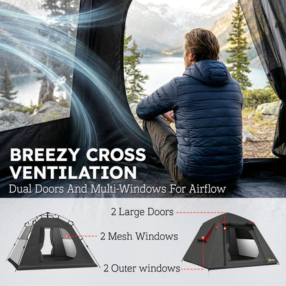 2-Person Camping Tent | 3000mm Waterproof | 2 Large Doors | 2 Windows | Internal Pocket & Lantern Hook | Folds to 80 x 18 x 18cm | 210 x 210 x 150cm | Dark Grey & Red