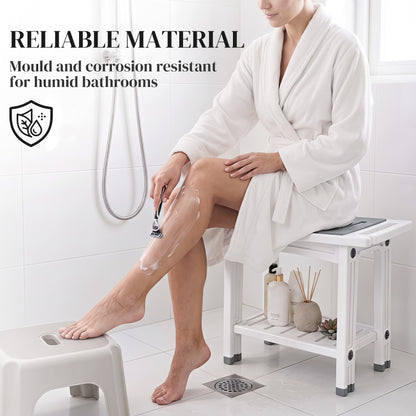 2-Tier Shower Bench & Stool | HDPE | EVA Seat Pad | Built-In Shelf & Shower Holder | 120kg | 55.5x31.5x46.5cm | White & Grey