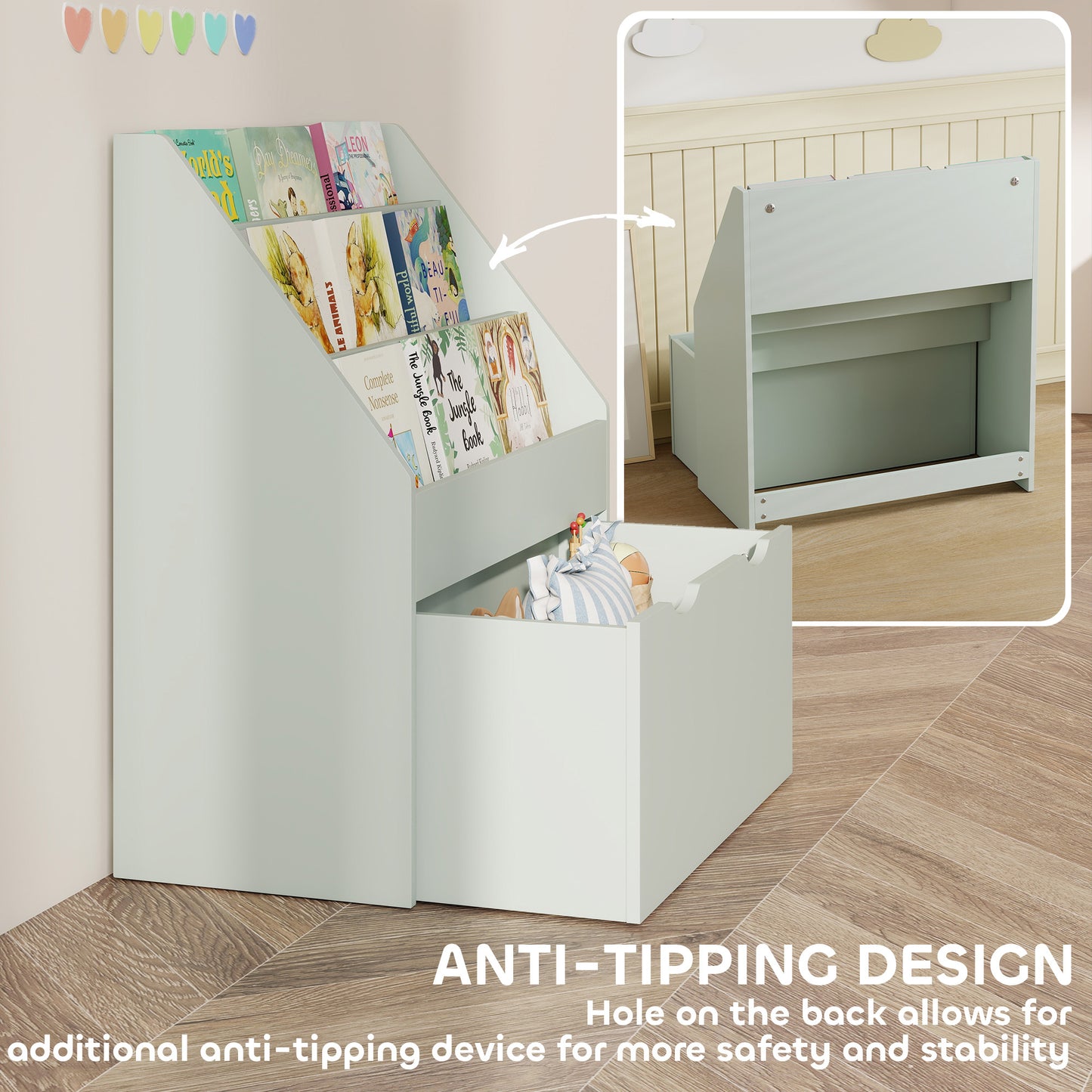 AIYAPLAY Bookcase for Kids with Shelves, Drawer, Bookcase for Bedroom, Playroom, Green / Grey / Pink