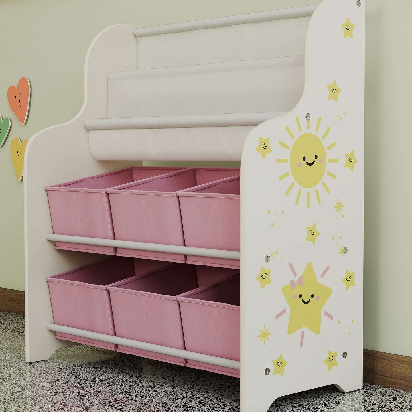 AIYAPLAY Kids Storage Unit, Toy Organiser with 6 Fabric Drawers and 2-Tier Sling Book Rack for Bedroom, Playroom, Nursery, Pink