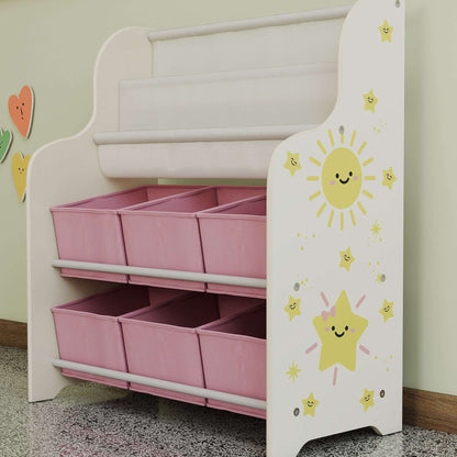 AIYAPLAY Kids Storage Unit, Toy Organiser with 6 Fabric Drawers and 2-Tier Sling Book Rack for Bedroom, Playroom, Nursery, Pink