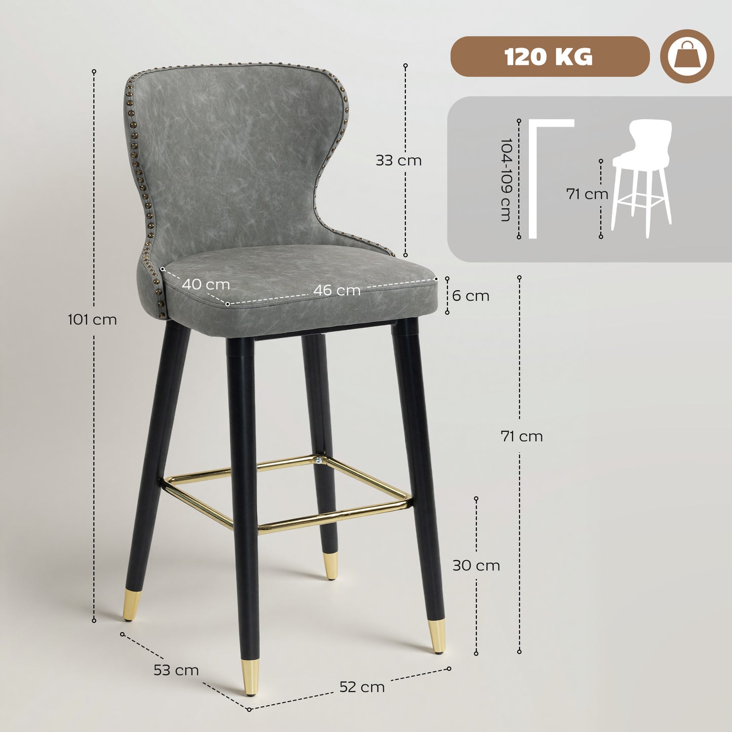 Bar Stools Set of 2, PU Leather Barstools with Back, Footrest and Wood Legs for Kitchen, Counter, Breakfast Bar, Grey
