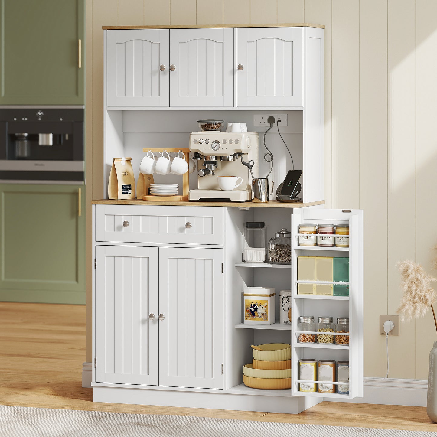 173cm Tall Kitchen Cupboard | Charging Station | Pantry Storage Cabinet | Adjustable Shelves | 4 Door Racks | White