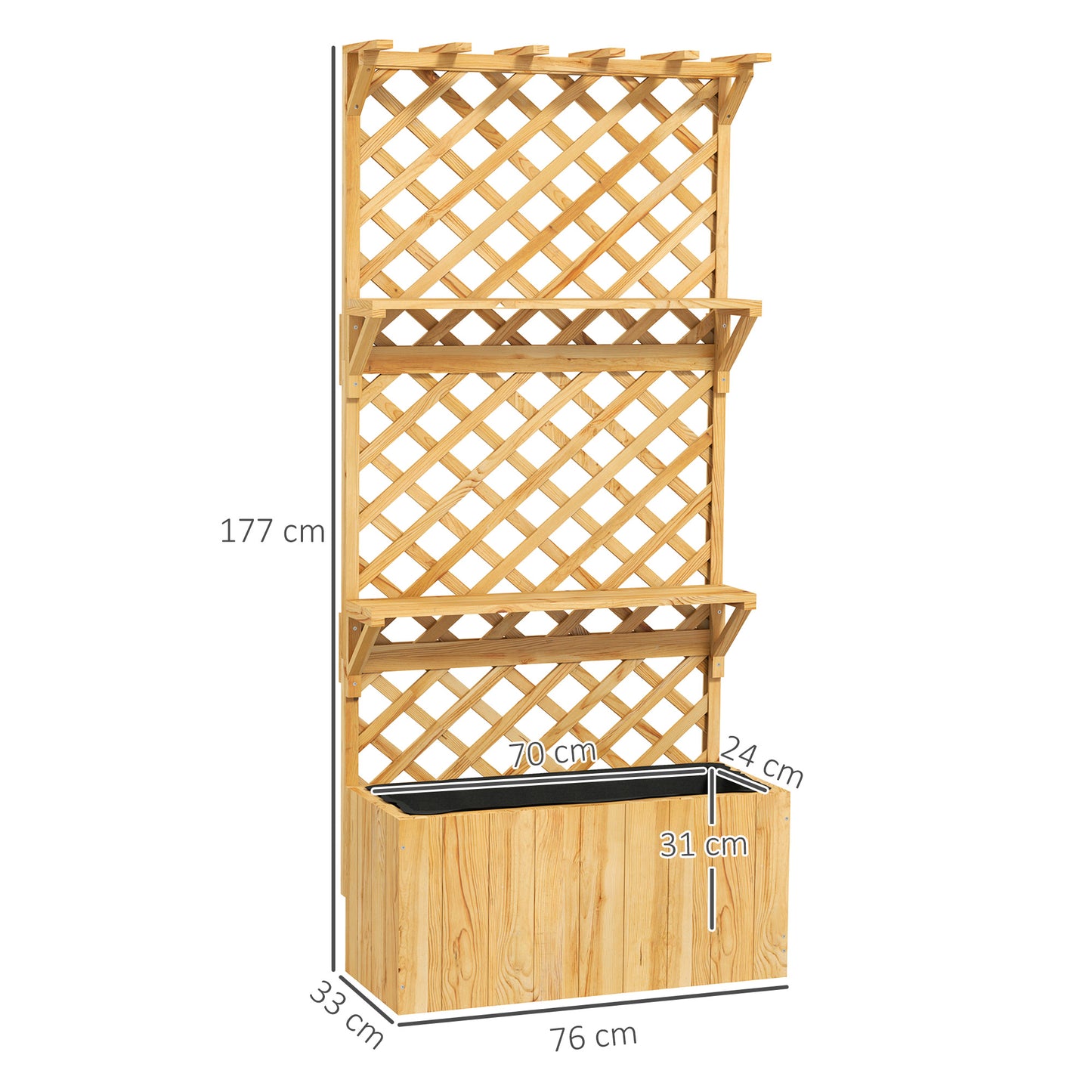 Fir Wood Planter with Tall Trellis Roof & Upper Shelf | 52L | 70x24cm Planting Area | Fabric Liner & Drainage Holes | 50kg | 76x33x177cm | Climbing Plants | Natural Wood Finish