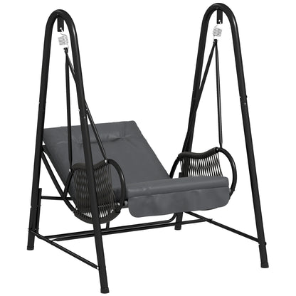 Outsunny Rattan Swing Chair, Outdoor Garden Hanging Swing Seat with Stand and Seat Cushion, Porch Hanging Chair for Balcony, Garden, Deck