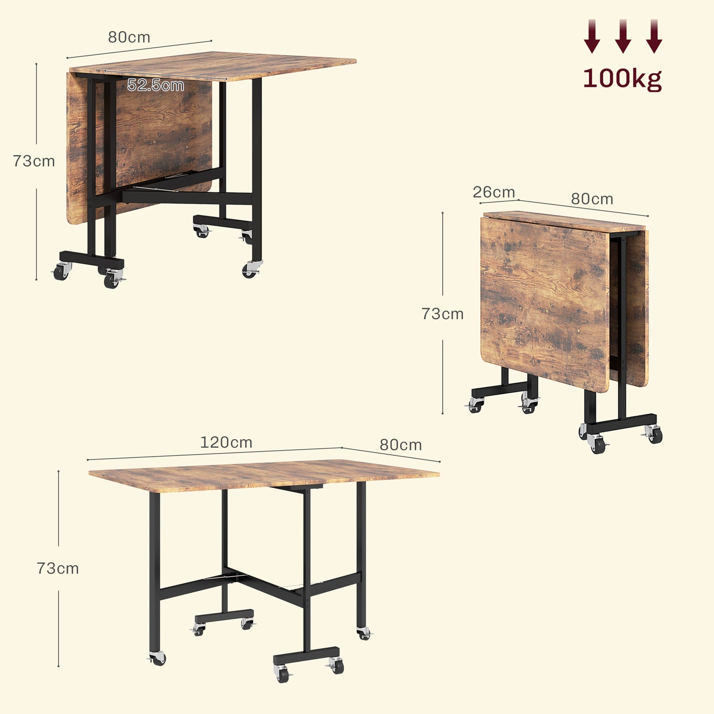 Retro Style Six-Seater Drop-Leaf Dining Table, with Wheels - Brown Wood-Effect