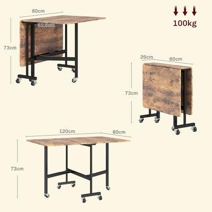 Retro Style Six-Seater Drop-Leaf Dining Table, with Wheels - Brown Wood-Effect
