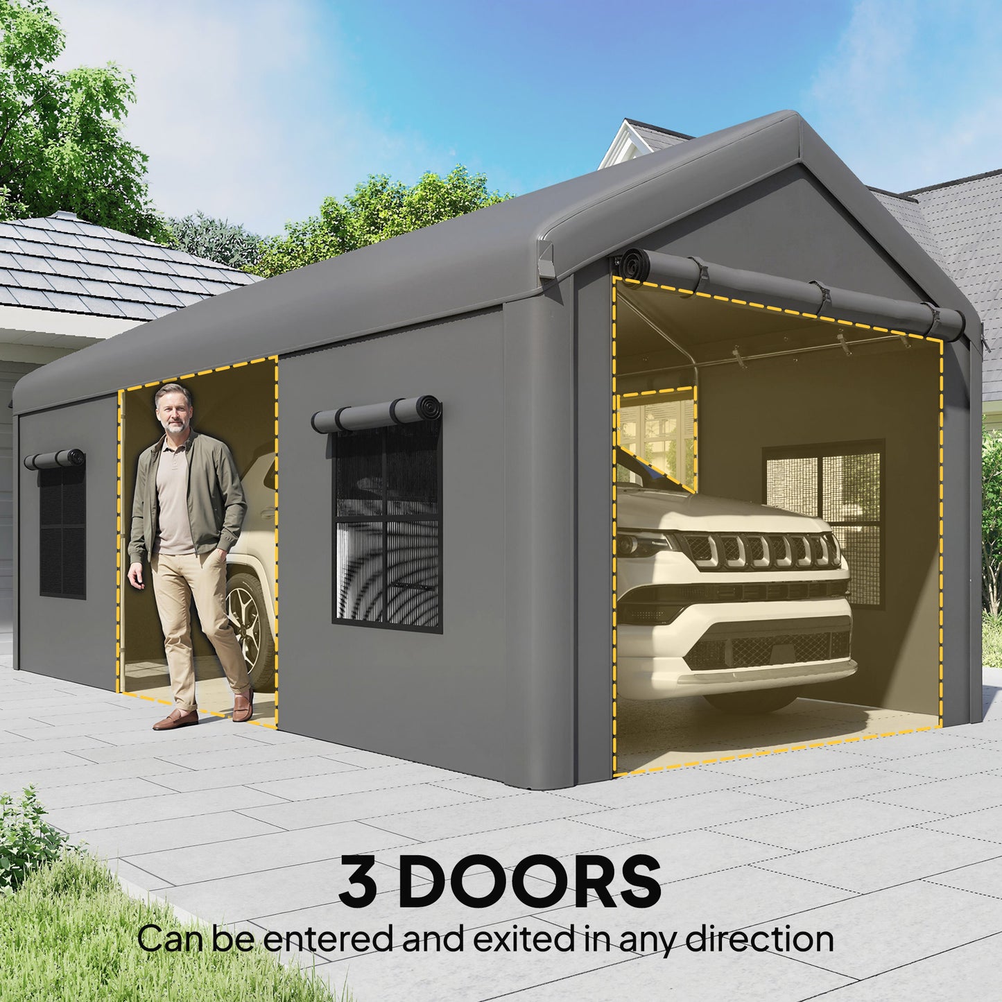 3x6m Heavy Duty Carport | Portable Garage | UPF30+ PE Cover | Galvanised Frame | Zipped Doors | Mesh Windows | Wind Level 5-6 | Dark Grey