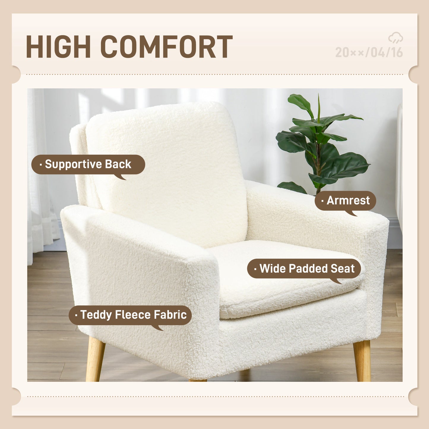Modern Armchair, Upholstered Accent Chair with Wood Legs and Wide Padded Seat, Teddy Occasional Chair, Cream White
