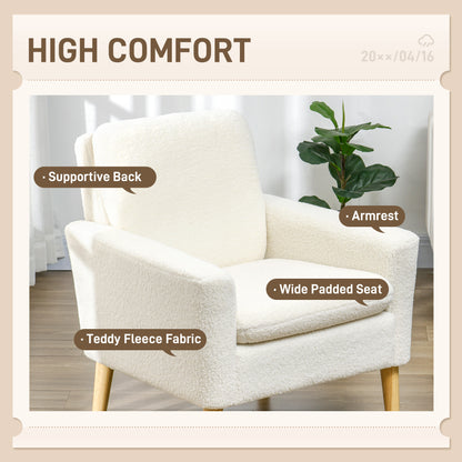 Modern Armchair, Upholstered Accent Chair with Wood Legs and Wide Padded Seat, Teddy Occasional Chair, Cream White