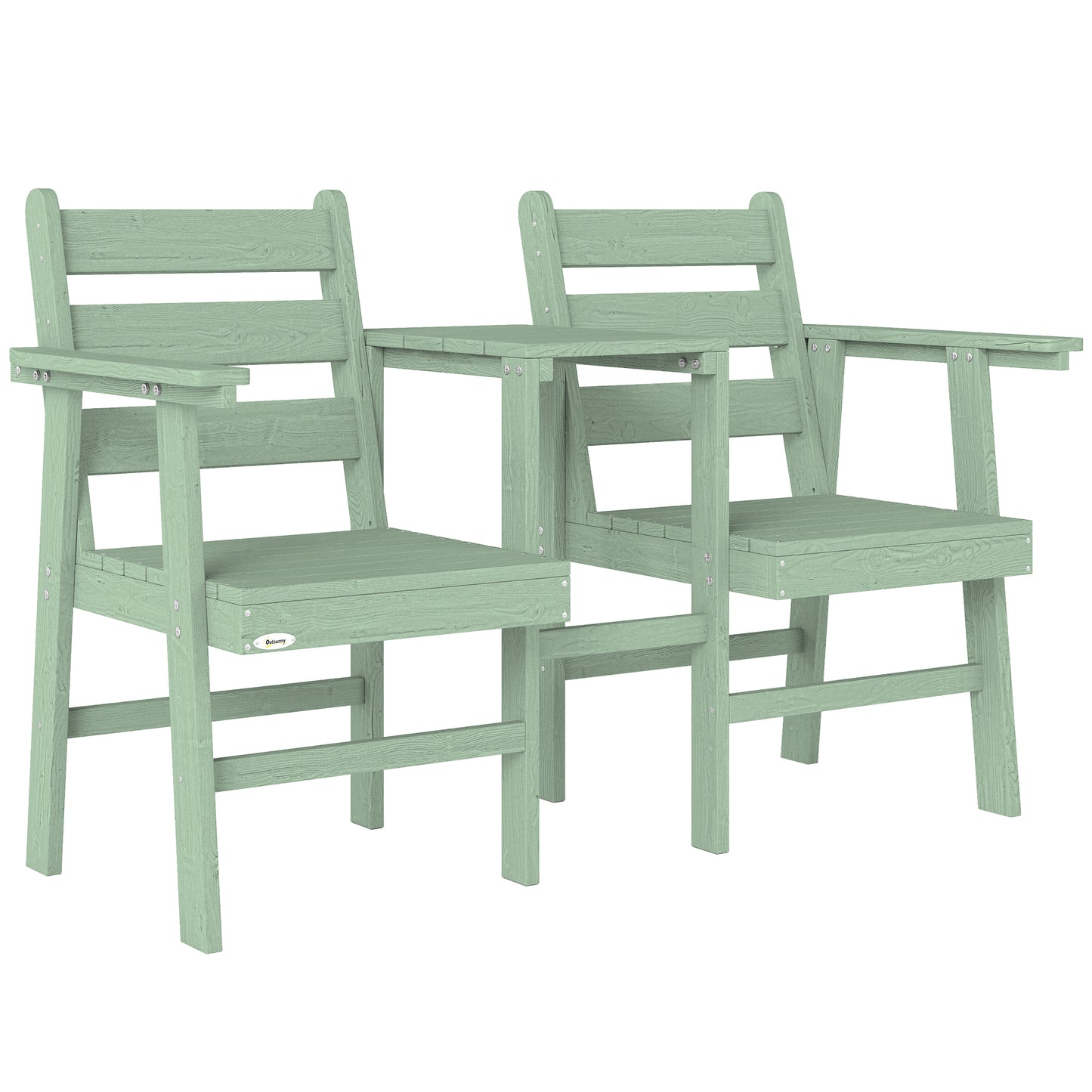Jack & Jill Garden Loveseat | Embossed Fir Wood | Integrated Centre Table | Angled Backrest & Smooth Armrests | Slatted Quick-Drain Design | 300kg Total Capacity | 149x67x94cm | Green