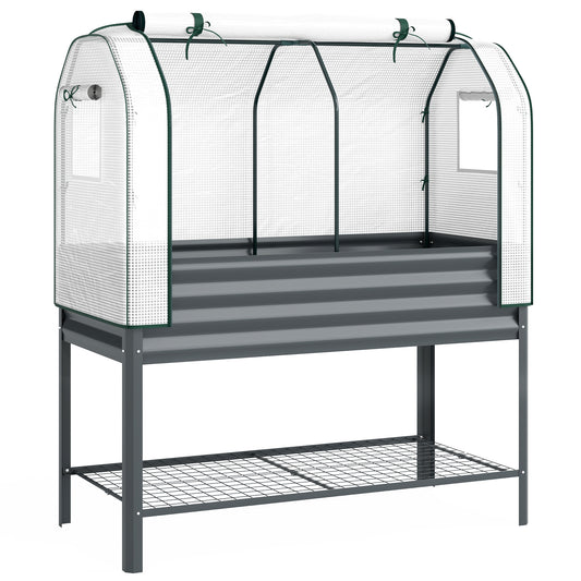 Galvanised Raised Planter with Greenhouse Cover | PE Cover Roll-Up Door & Side Vents | Elevated on Legs | Bottom Mesh Shelf | 180kg Capacity | 120x55x140cm | Dark Grey