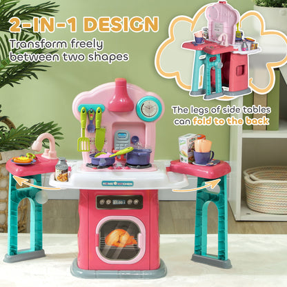 Toy Kitchen, 45 Pieces Kids Kitchen with Rotating Side Tables, Toddler Pretend Role Play W/ Light, Sounds, Spray Effect for Children 3-6 Years, Pink