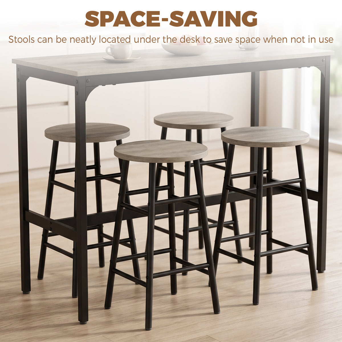5-Piece Industrial Bar Table & Stool Set | Grey Wood Effect MDF Tops | Powder-Coated Steel Frames | Table 105x40x90cm | 4x Stools Dia30x60cm | 120kg Stool 100kg Table | Adjustable Feet | Grey / Black