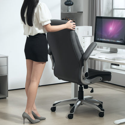 Executive Faux Leather Office Chair | High Back | Headrest | High Arms | Thick Padding | Rocking Function | 360° Swivel | 5 Wheels | Height Adjustable 113-121cm | 135kg | Dark Grey