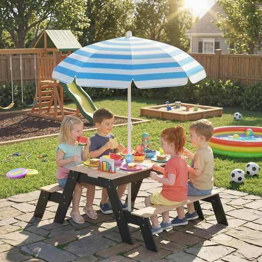 3-in-1 Kids Garden Table & Chair Set | Sand & Water Table | 2 Hidden Storage Boxes | Blue Striped Parasol | Fir Wood | Reinforced Metal Frame | Ages 3-6 | 113x95x160cm | Natural Wood