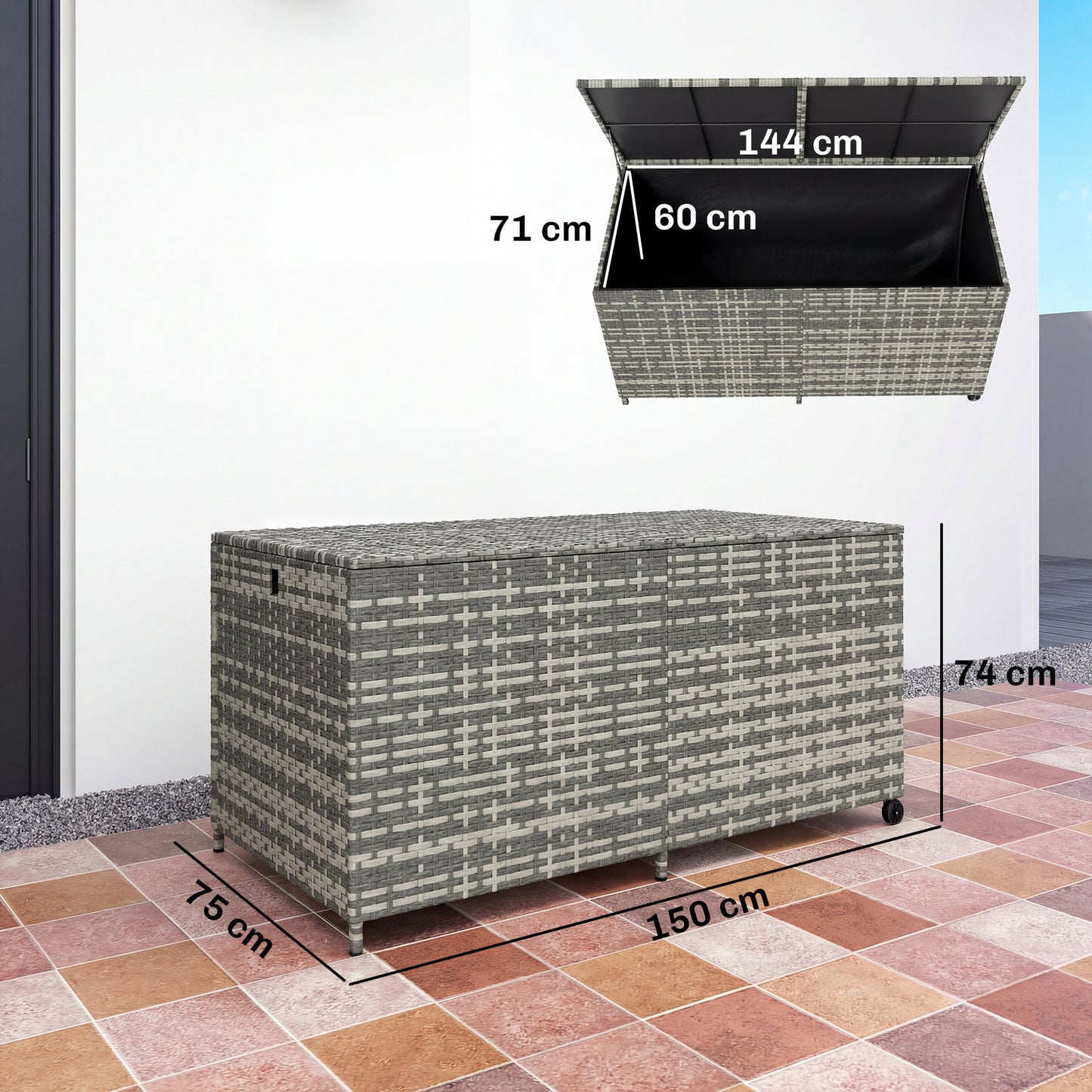 650L Garden Storage Box | Rattan | Waterproof Zipped Liner | Gas-Assisted Lid | 2 Wheels | UV Resistant | 150x75x74cm | 100kg | Mixed Grey