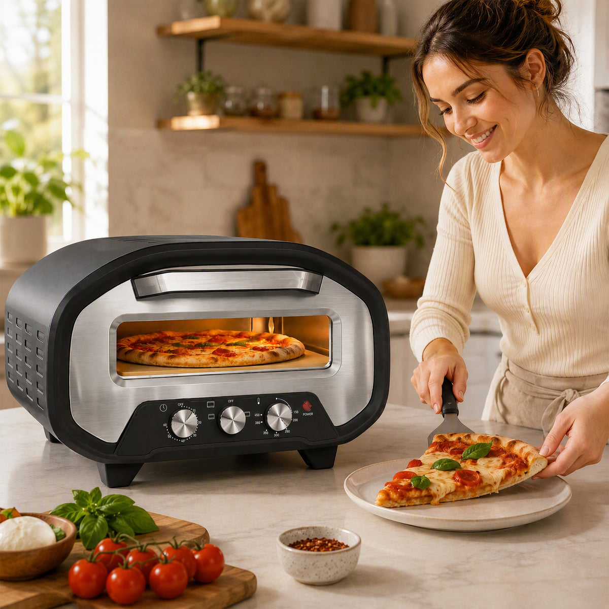 Electric Pizza Oven | 2200W Grey Countertop Pizza Maker with 430°C Ceramic Stone
